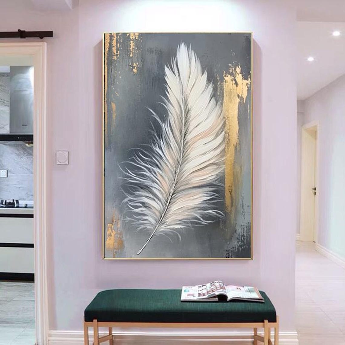 White Feather With Gold Accents Grey Minimalist Art Painting Poster - Image 2