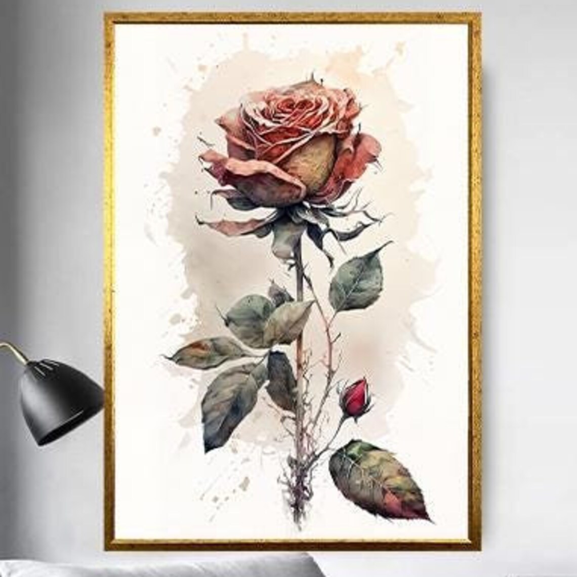 Single Watercolor Rose on Tall Stem Soft Blush Pink Bloom Poster - Image 5