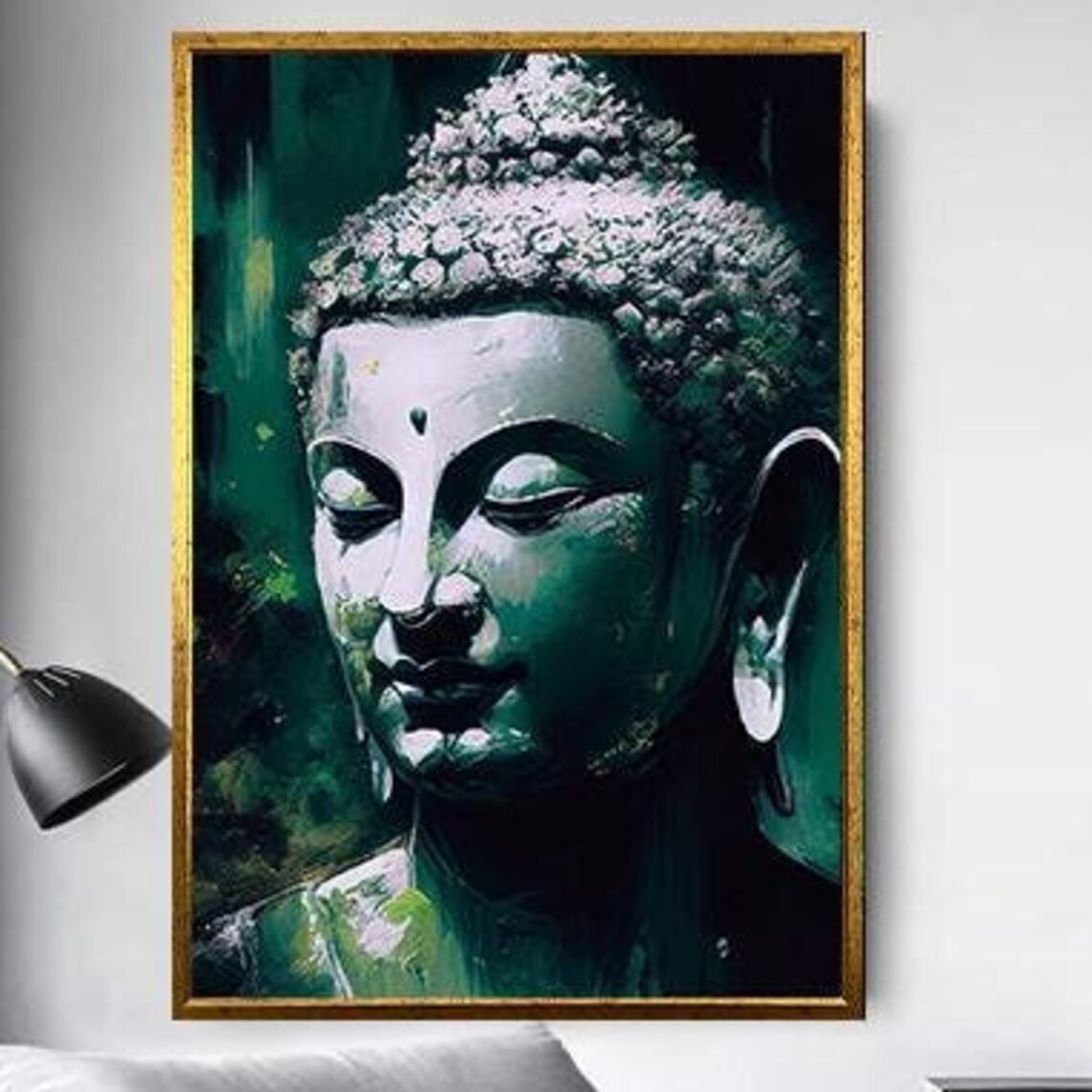 Emerald Green Buddha Face Serene Spiritual Painting Wall Art - Image 5
