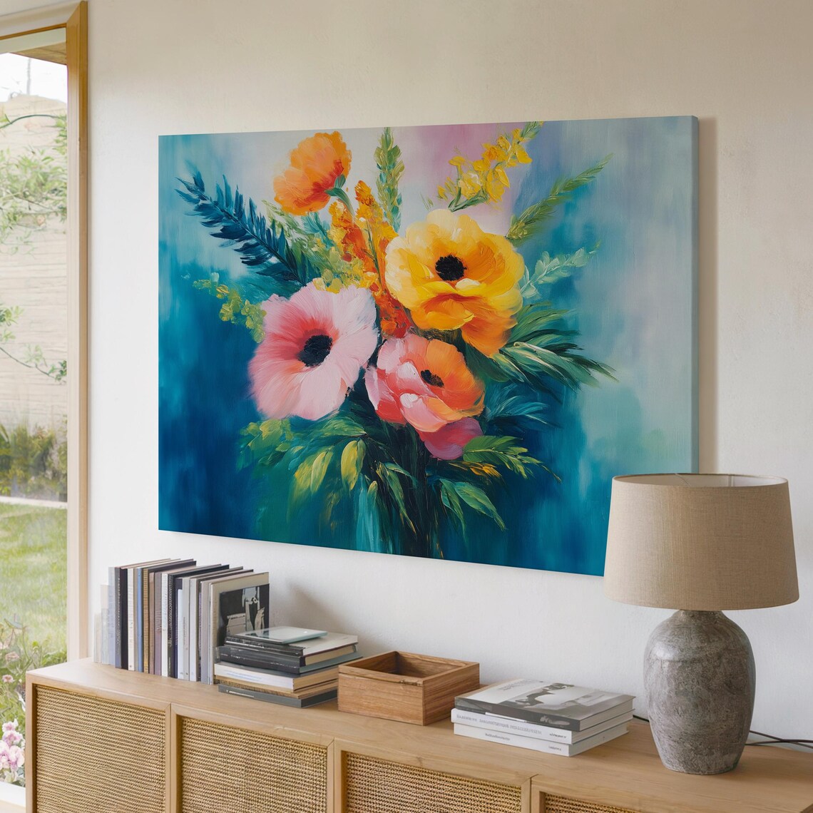 Abstract Floral Bouquet Oil Painting Bold Poppies Teal Canvas Art Print