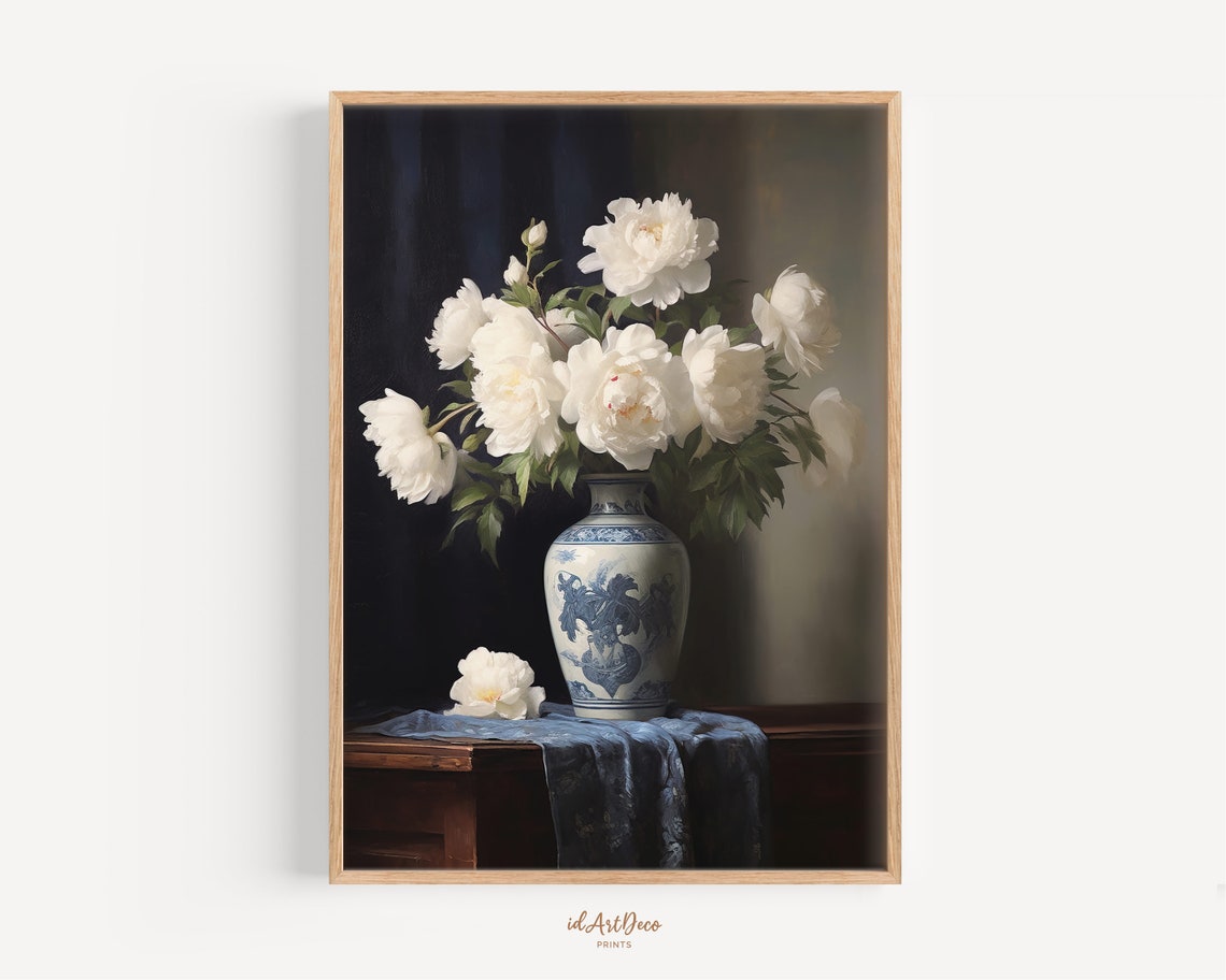 White Peonies Blue Porcelain Vase Classical Still Life Floral Poster
