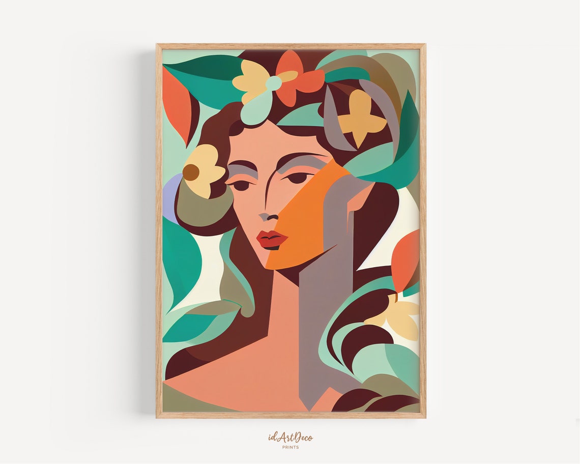 Modern Geometric Woman Portrait Bold Florals Colorful Abstract Poster