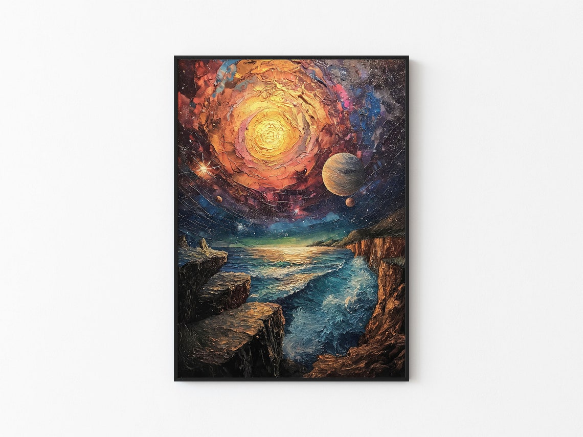Golden Spiral Galaxy Ocean Cliffs Impasto Cosmic Dream Art Poster