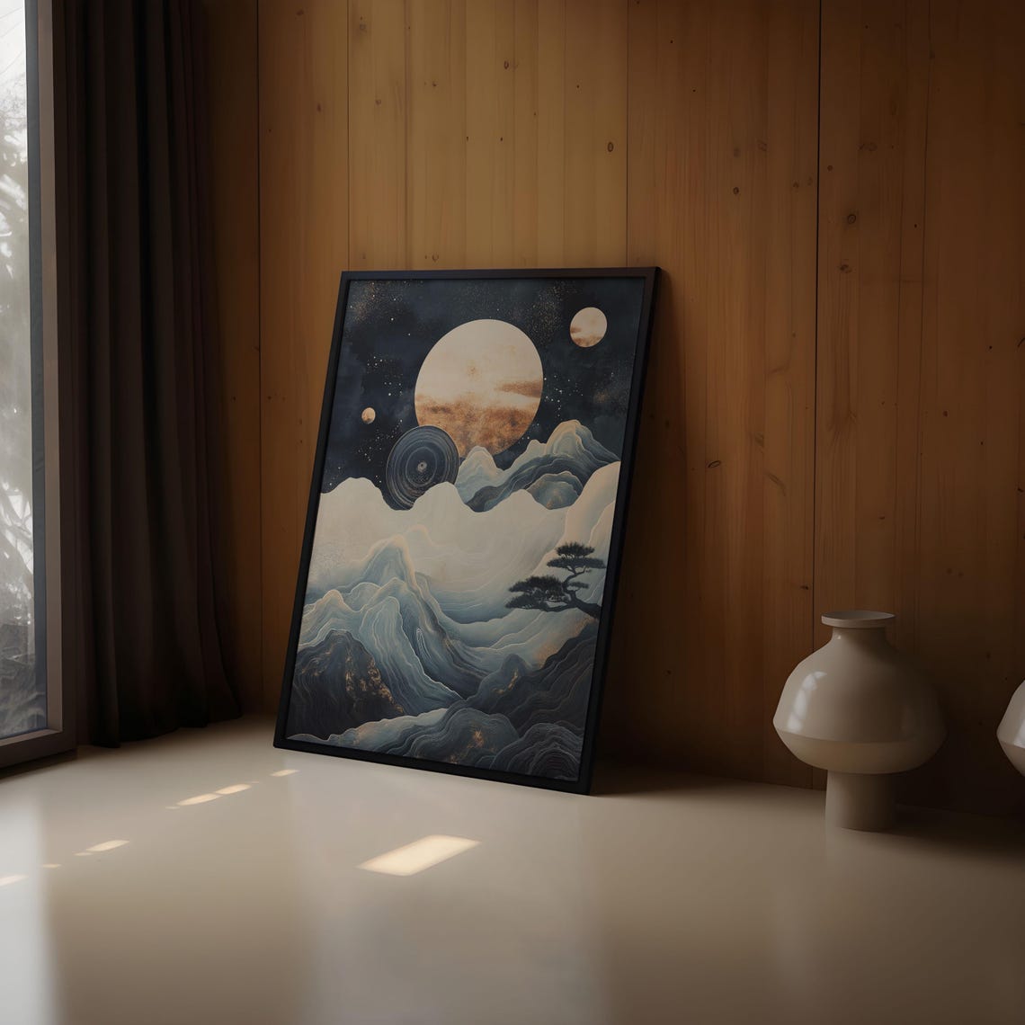 Full Moon Snowy Mountain Peaks Bonsai Pine Night Landscape Art Poster - Image 2