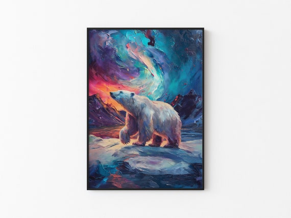 Aurora Borealis Wilderness Northern Lights Instant Art Poster Polar Bear Versatile Sizes Colorful Impasto Print 7