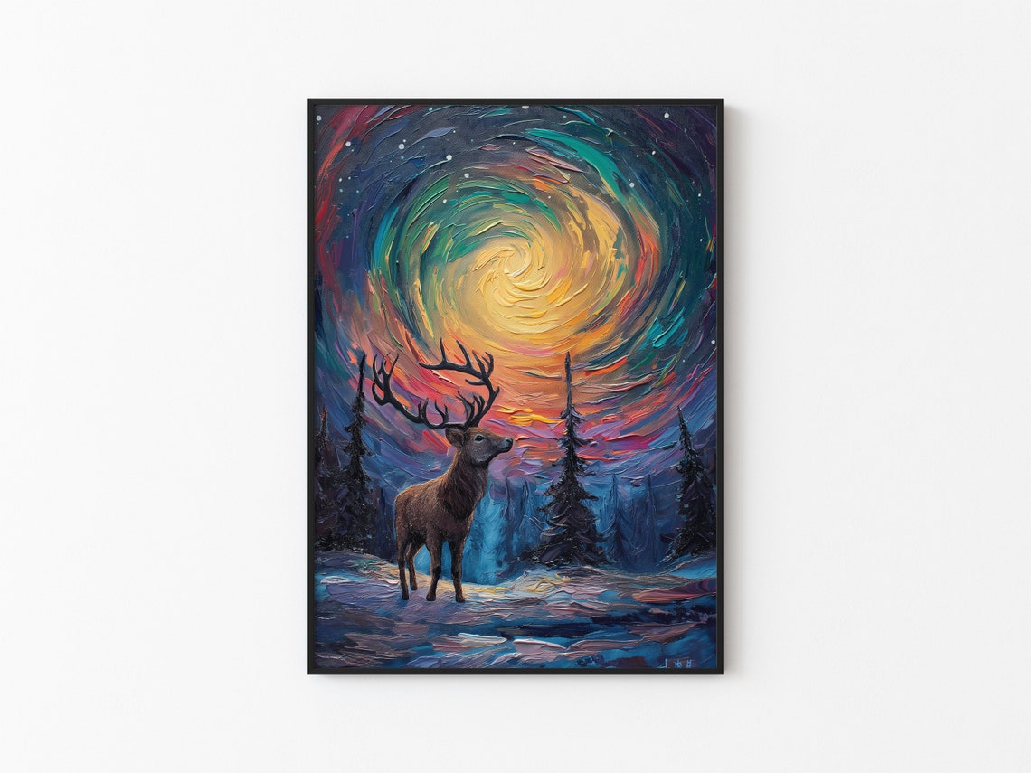 Aurora Borealis Wilderness Northern Lights Instant Art Poster Polar Deer Versatile Sizes Colorful Impasto Print 3