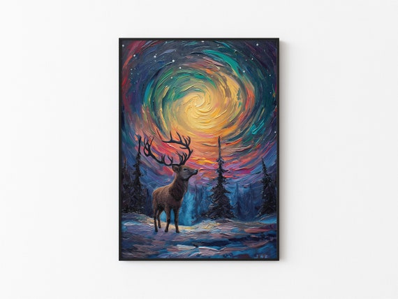 Aurora Borealis Wilderness Northern Lights Instant Art Poster Polar Deer Versatile Sizes Colorful Impasto Print 3