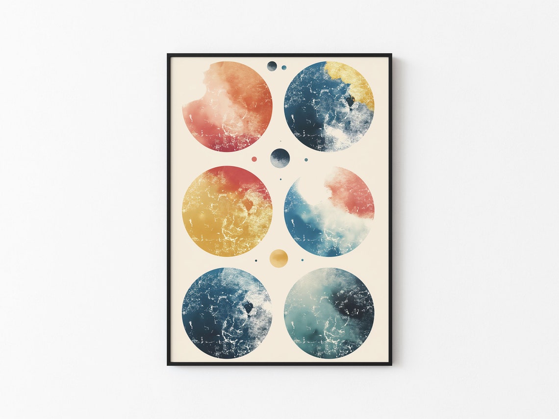 Abstract Watercolor Planet Grid Six Moons Study Minimalist Art Print