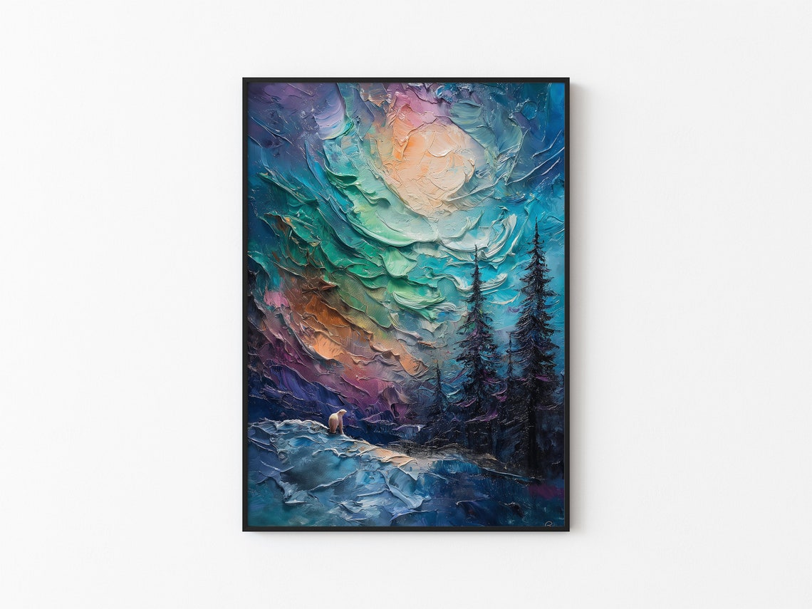 Aurora Borealis Wilderness Northern Lights Instant Art Poster Polar Bear Versatile Sizes Colorful Impasto Print 5