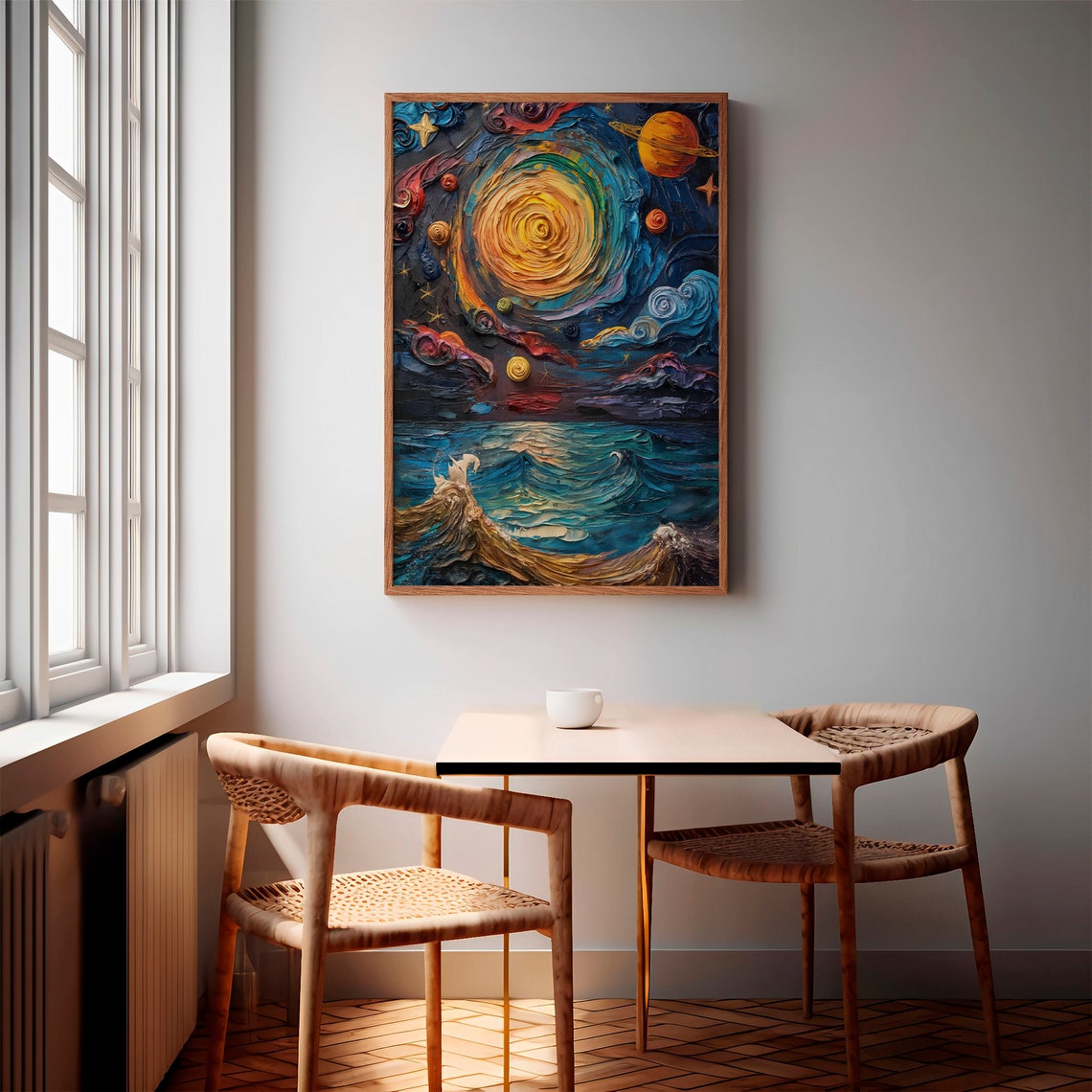 Spiral Sun Planets Ocean Waves Starry Impasto Night Art Poster - Image 3