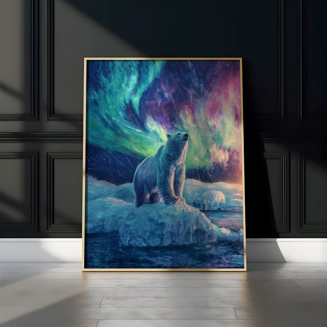 Polar Bear Sitting on Iceberg Under Green Pink Aurora Poster - Image 3