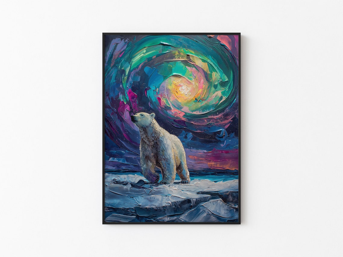 Polar Bear on Ice Floes Under Teal Purple Aurora Swirl Poster