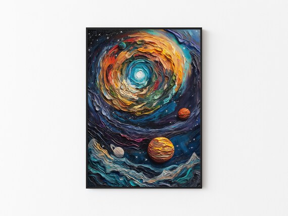 Cosmic Vortex Spiral Galaxy With Orbiting Planets Oil Style Poster