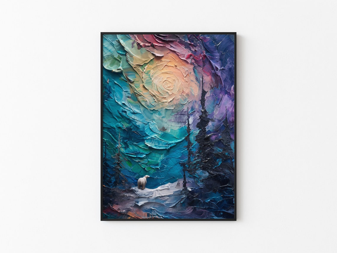 Aurora Borealis Wilderness Northern Lights Instant Art Poster Polar Bear Versatile Sizes Colorful Impasto Print 19