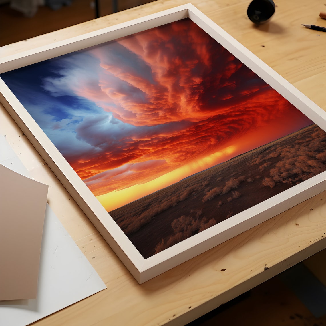 Blue and Crimson Storm Clouds Over Desert at Golden Light Poster - Image 3