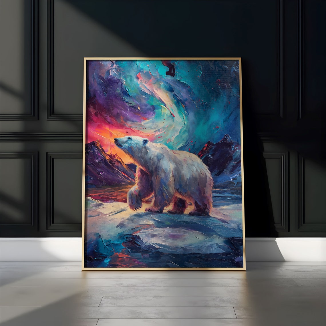 Polar Bear on Ice Gazing Up at Purple Teal Aurora Swirl Poster - Image 3