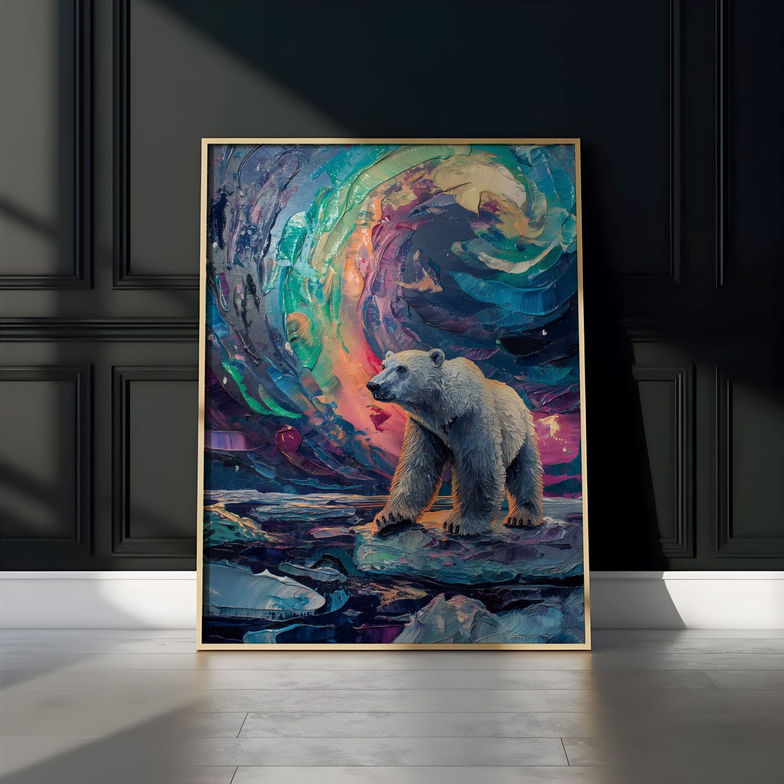 Polar Bear on Ice Floes Under Teal Orange Aurora Vortex Poster - Image 3