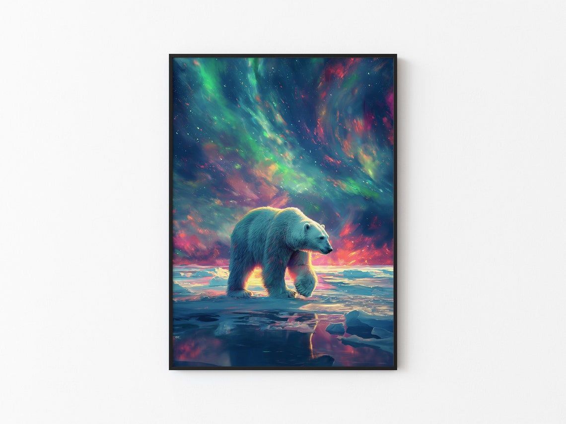 Polar Bear Wading Icy Water Under Vivid Aurora Ribbons Poster