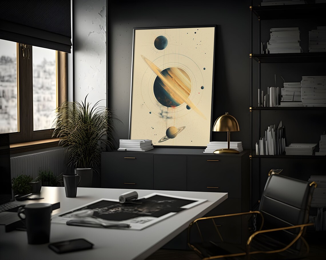 Abstract Beige Saturn Blade Ring Dramatic Navy Gold Watercolor Art Print - Image 2