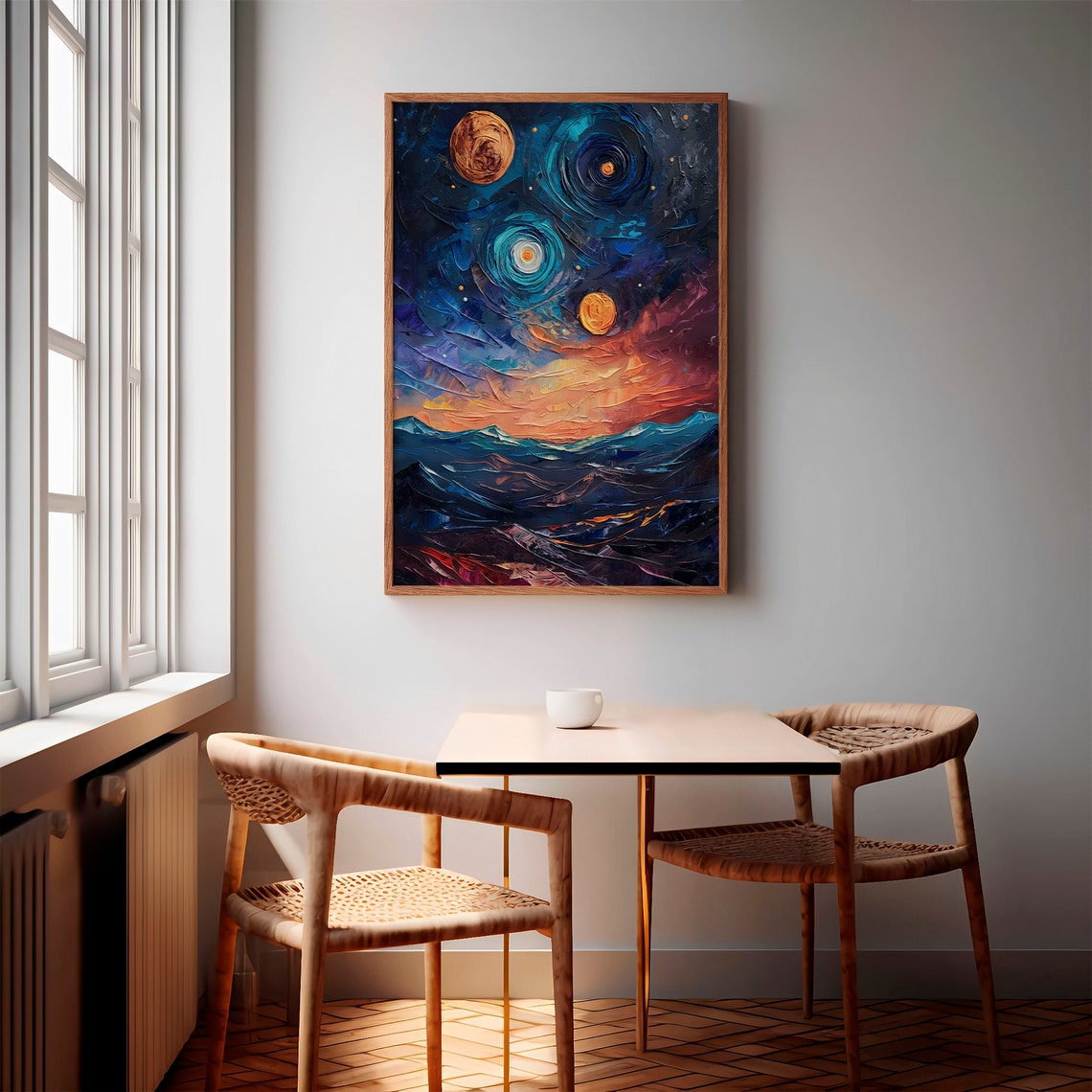 Starry Blue Sky Twin Spiral Galaxies Sunset Mountain Art Poster - Image 3