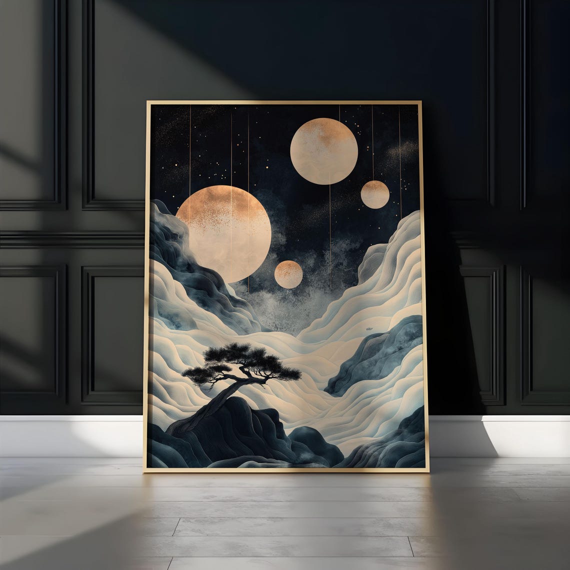 Four Cream Moons Cloud Waves Pine Cliff Starry Night Calm Art Poster - Image 3