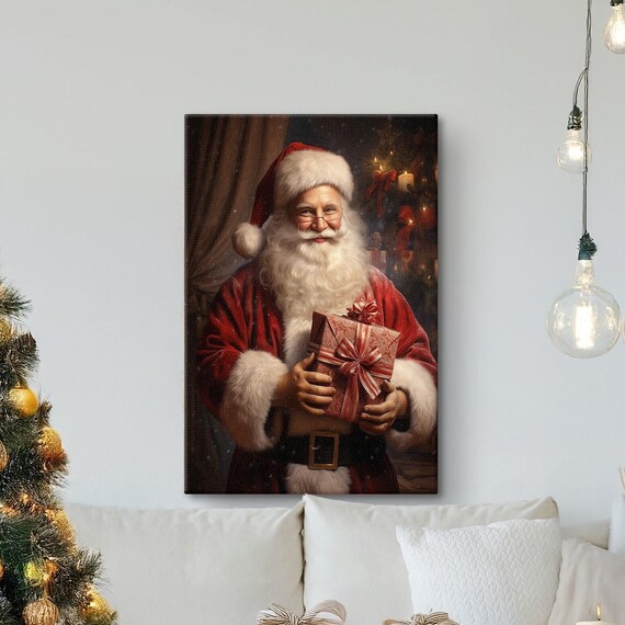 Santa Claus Portrait Holding Gift Vintage Christmas Canvas Wall Art
