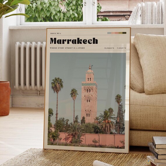 Marrakech Koutoubia Mosque Minaret Palm Vintage Travel Magazine Poster