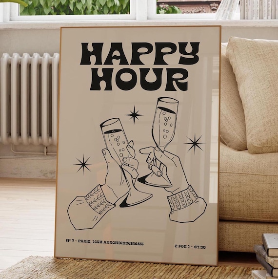 Happy Hour Champagne Toast Paris Retro Minimalist Bar Poster