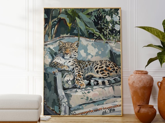 Leopard Lounging on a Vintage Chaise Painterly Wildlife Art Print