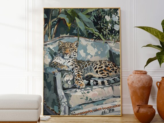 Leopard On Sofa Botanical Poster Cute Animal Wall Art Modern Colourful Illustration Gift For Her Or Kids Room Decor