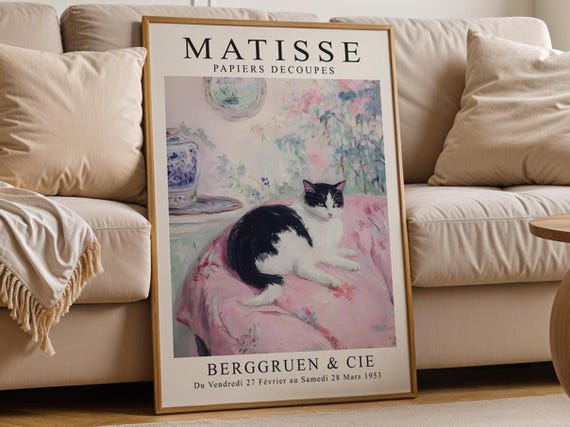 Matisse Style Cat Print Vintage Botanical Art Maximalist Decor