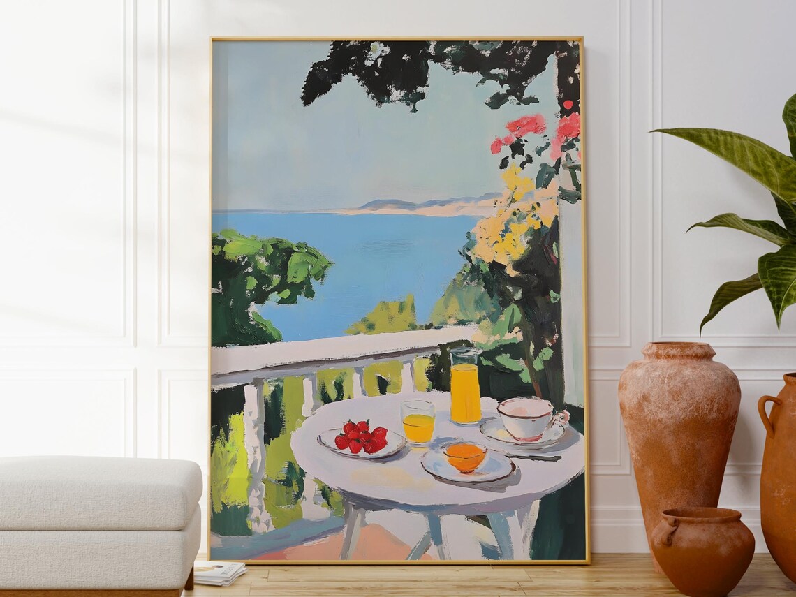 Balcony Breakfast Sea View Art Print Coastal Morning Painting