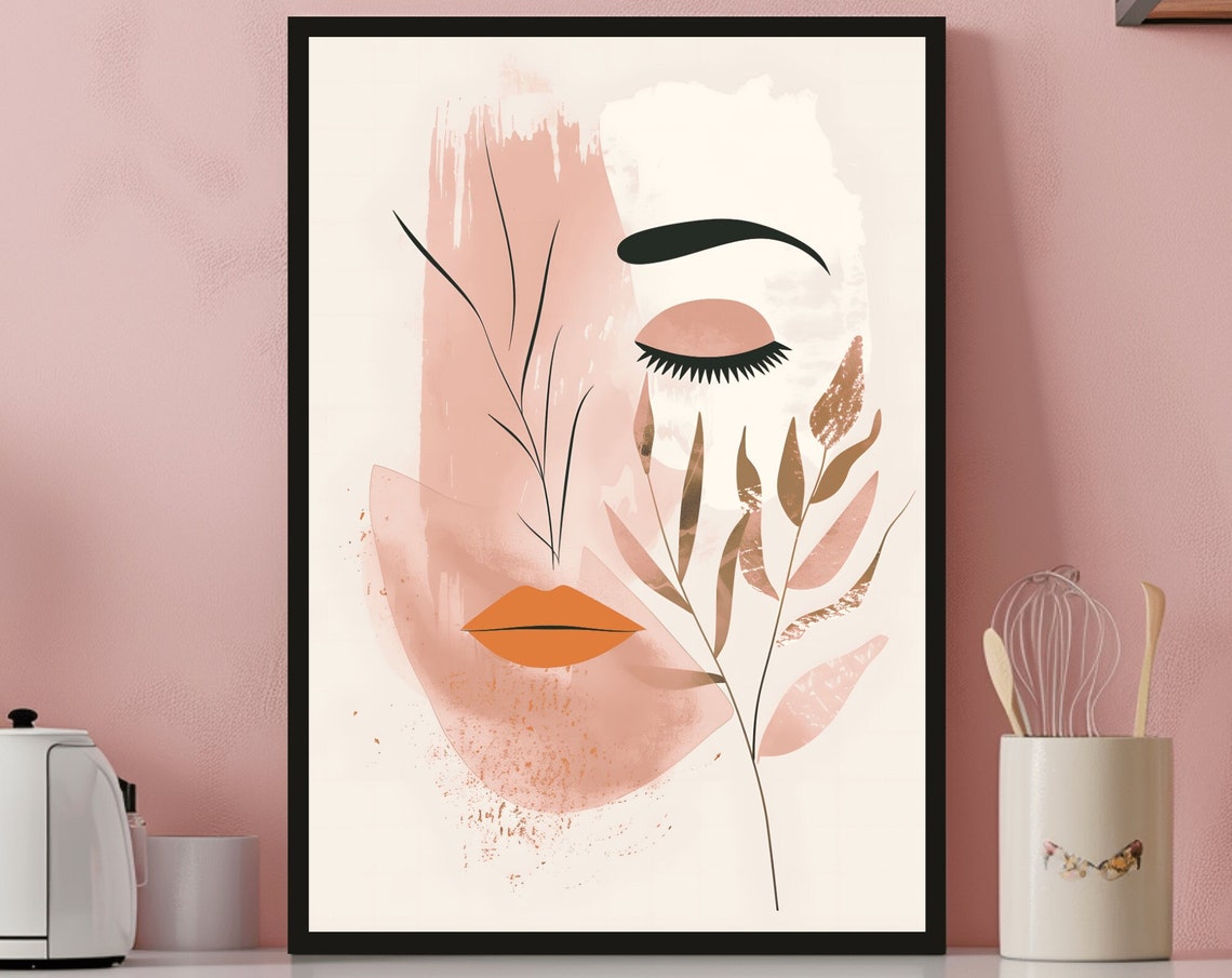 Minimalist Abstract Woman Face Beige Watercolor Botanical Wall Art