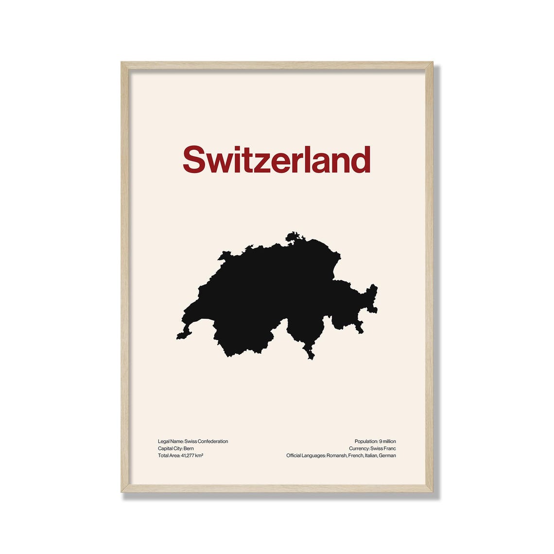 Switzerland Country Map Minimalist Silhouette Poster Red Typography