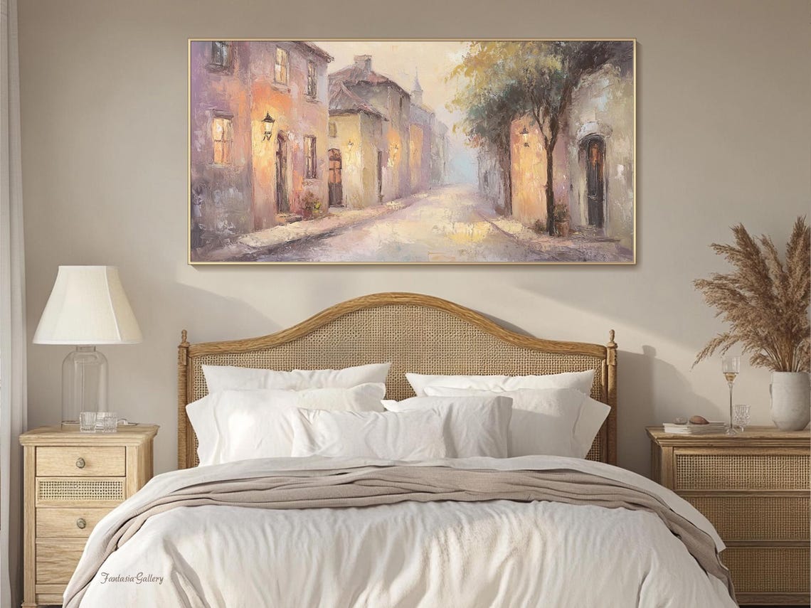 Soft Light European Village Street With Lanterns Cityscape Wall Art - Image 4
