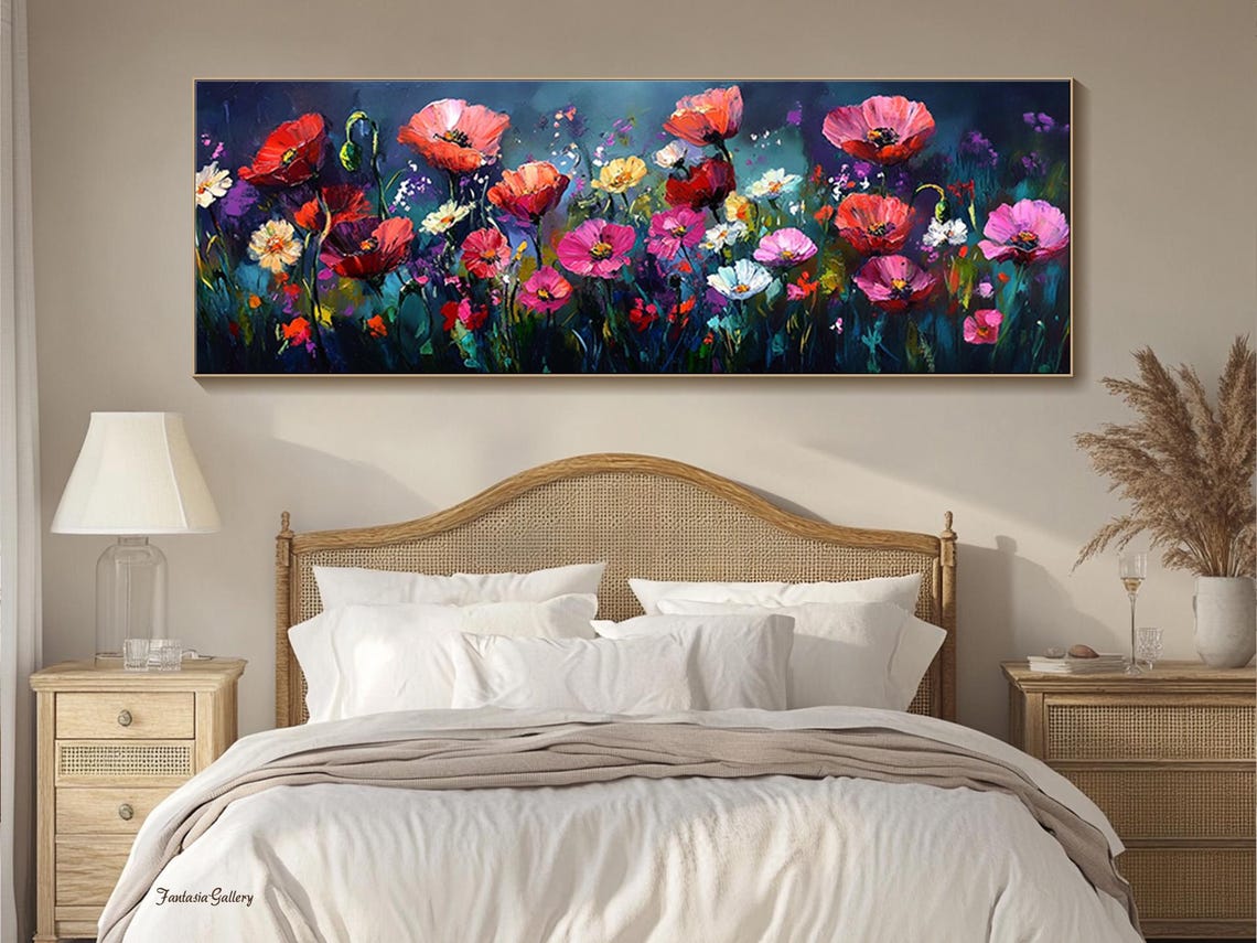 Vivid Poppies And Wildflowers On Midnight Blue Panoramic Wall Art - Image 2