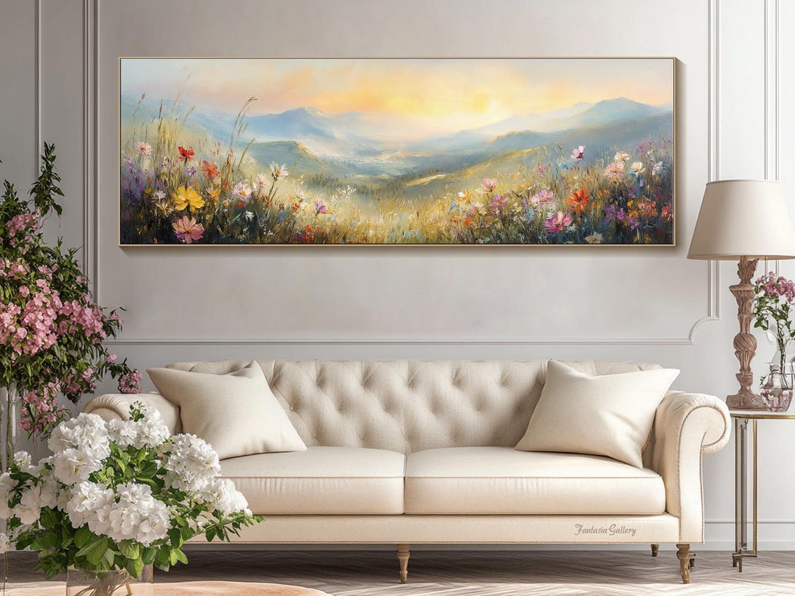 Golden Sunrise Over Wildflower Meadow And Misty Mountains Wall Art - Image 2
