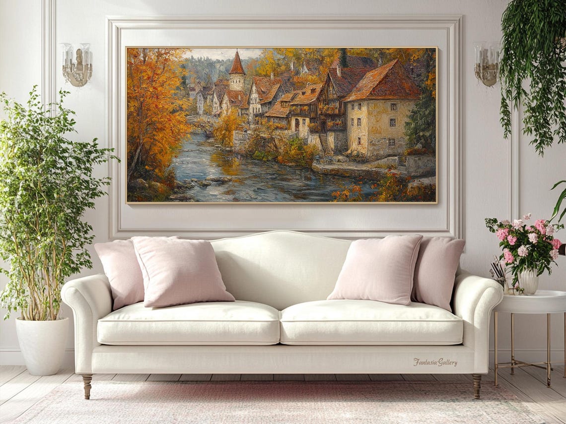 Village Landscape Oil Painting On Original Autumn River Scene Handcrafted Wall Art For Living Room Vintage Wall Art Antique Painting - Image 2
