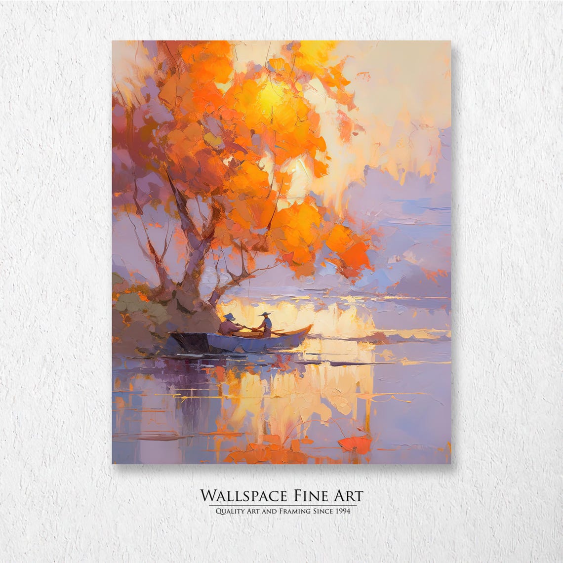 Autumn Lake Fishing Rowboat Golden Tree Sunset Oil Painting Poster
