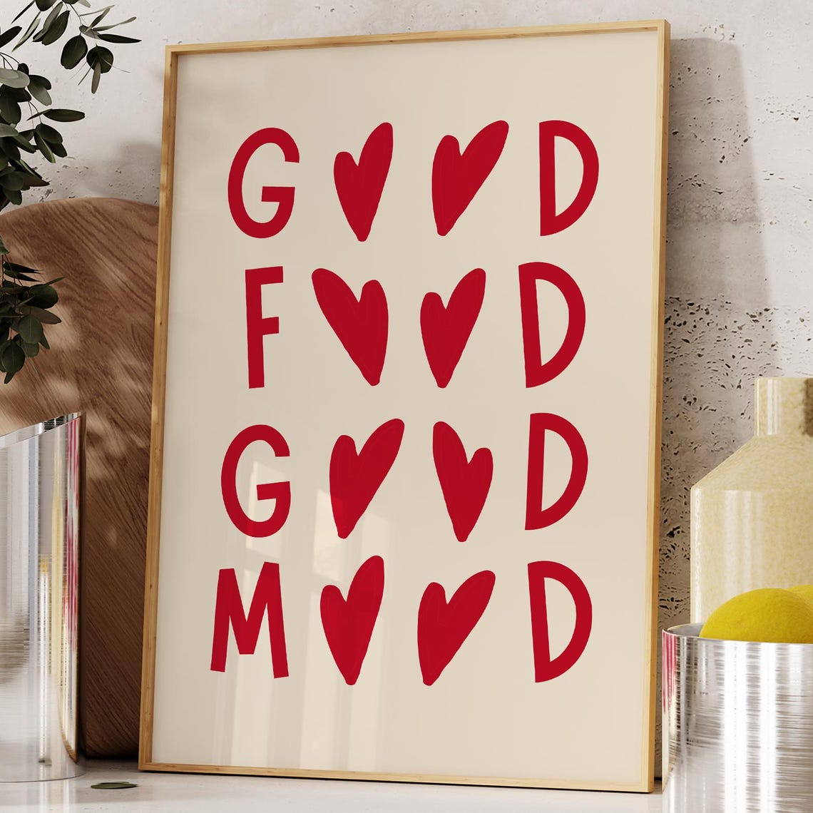 Good Food Good Mood Red Hearts Trendy Kitchen Typography Poster