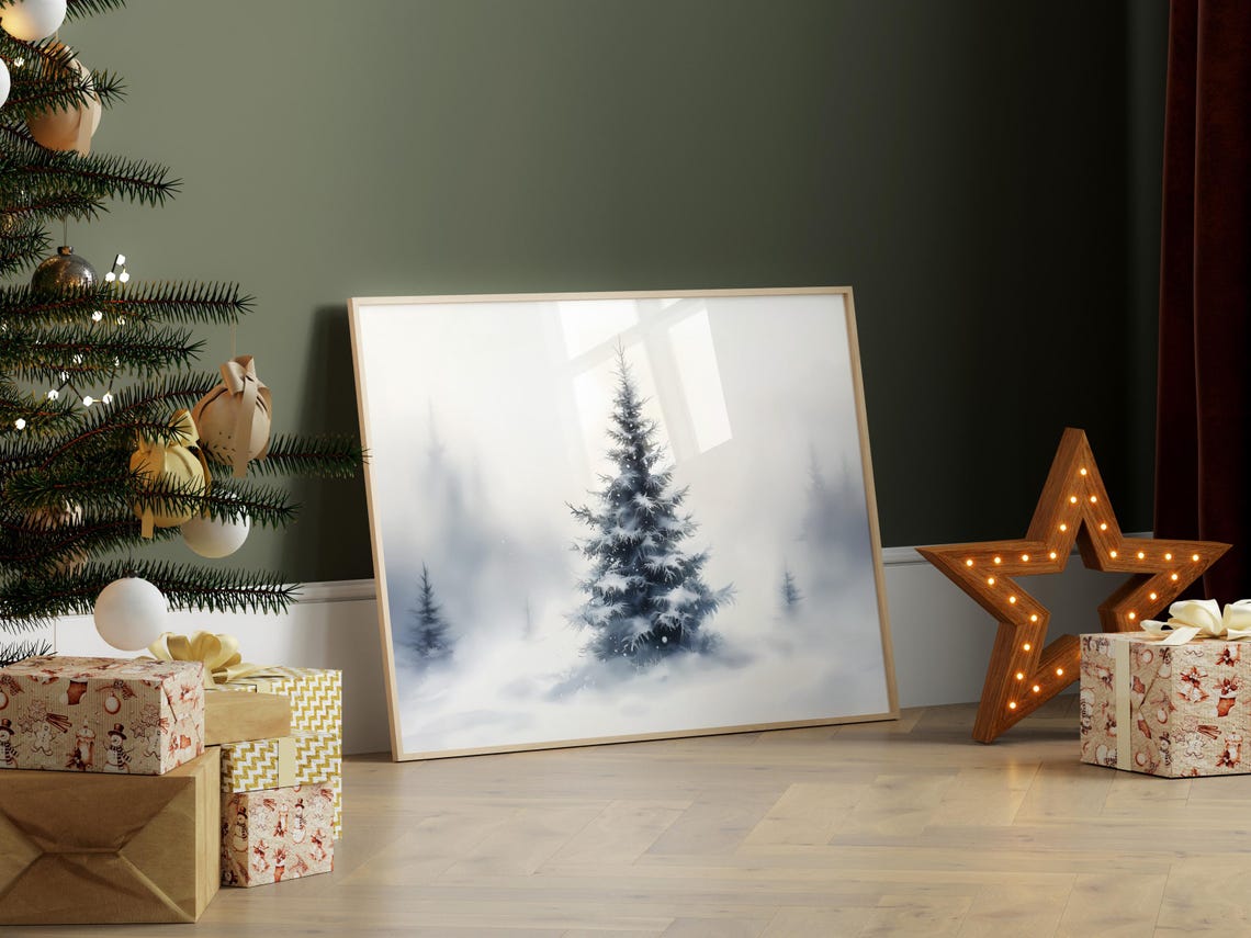 Misty Snowy Pine Tree Foggy Winter Forest Watercolor Decor Poster - Image 6