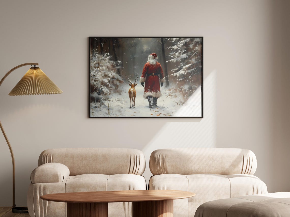 Santa Claus And Reindeer Walking Away Into Snowy Woods Poster - Image 4