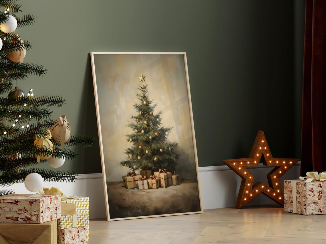 Vintage Christmas Tree Presents Oil Painting Holiday Decor Poster - Image 4