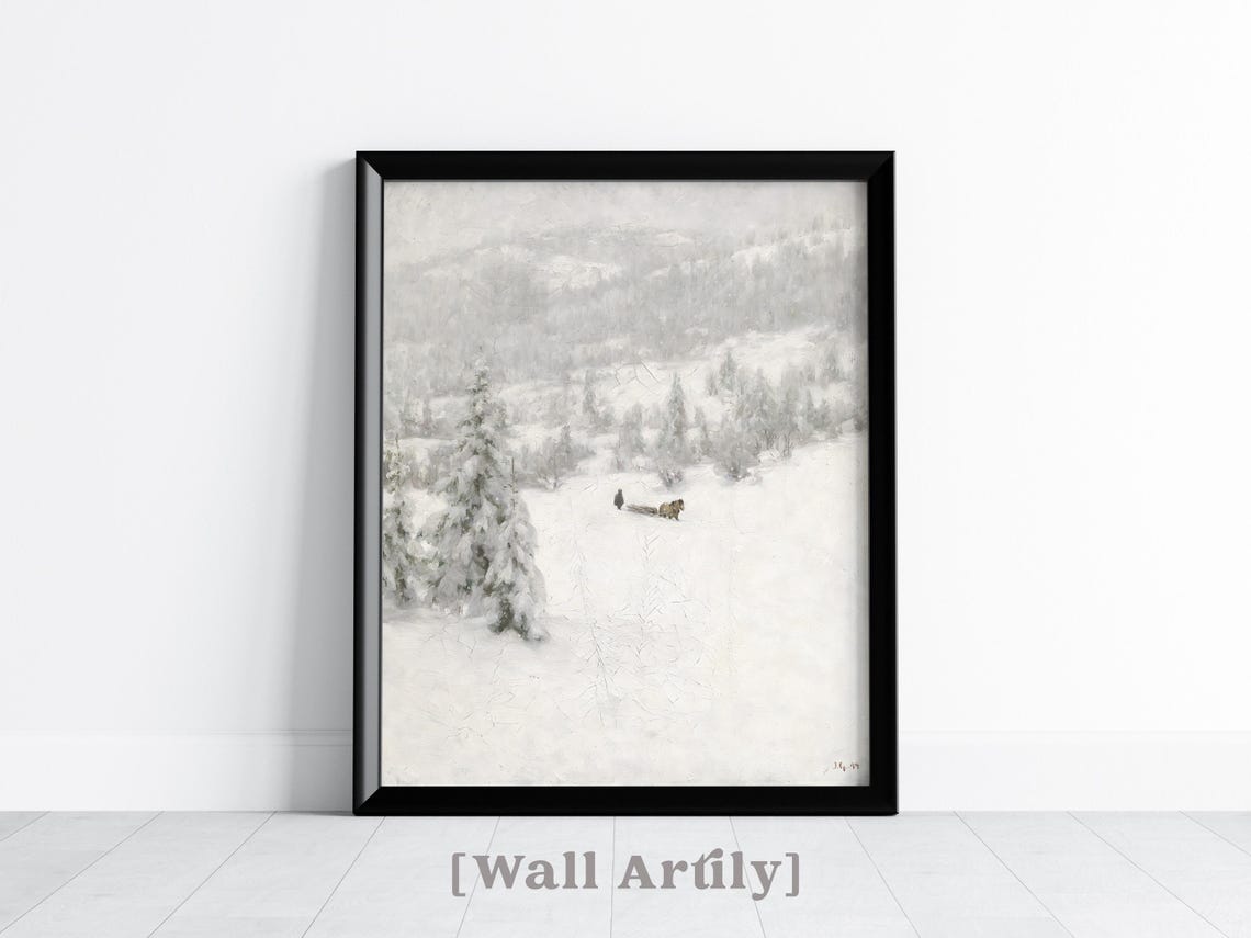 Antique Winter Valley Horse Sled Snowy Landscape Oil Painting Poster - Image 4