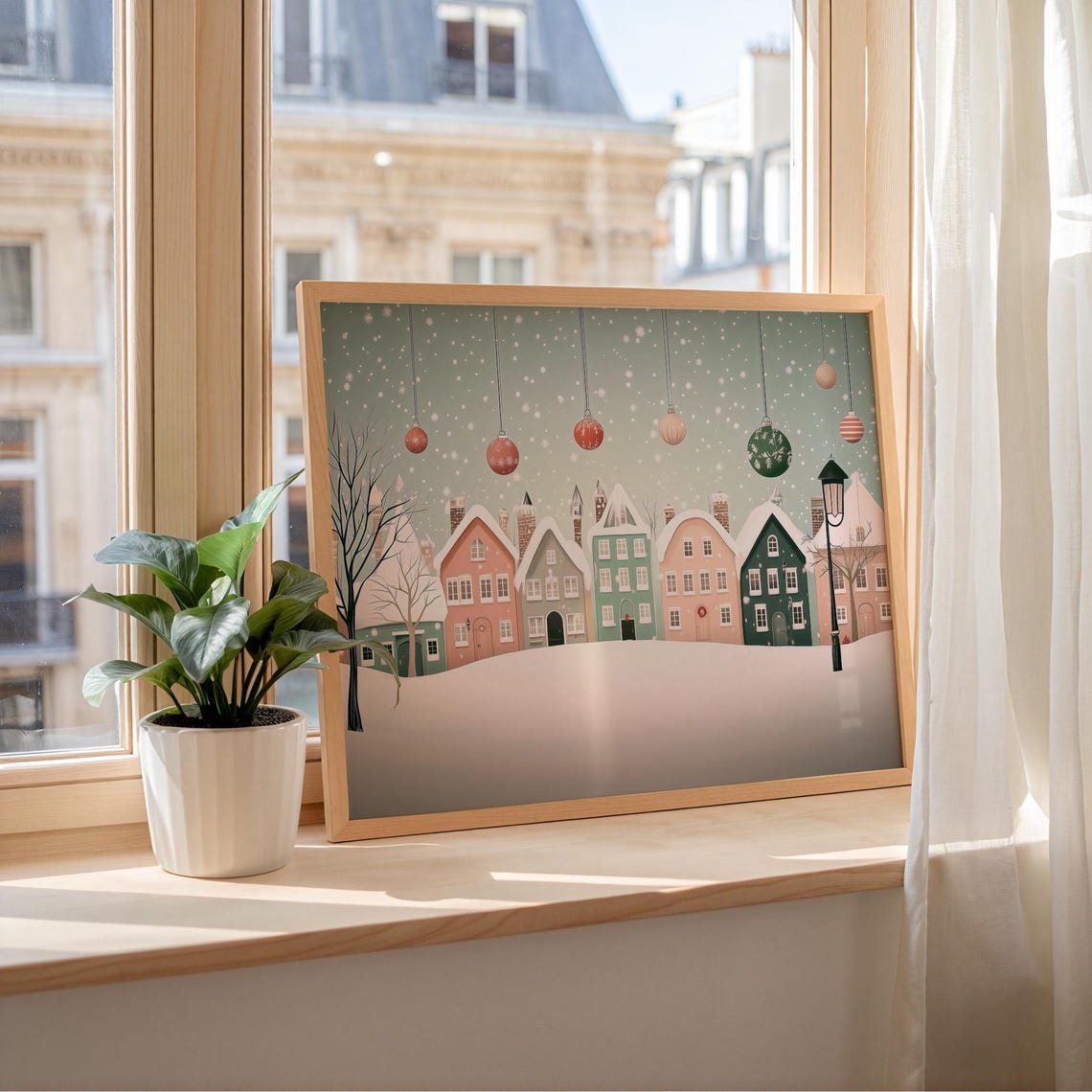 Pastel Snowy Town With Colorful Houses And Hanging Baubles Poster - Image 7