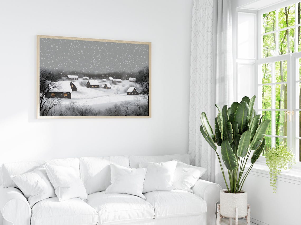 Moody Snow Covered Cabins With Glowing Windows Winter Poster - Image 2