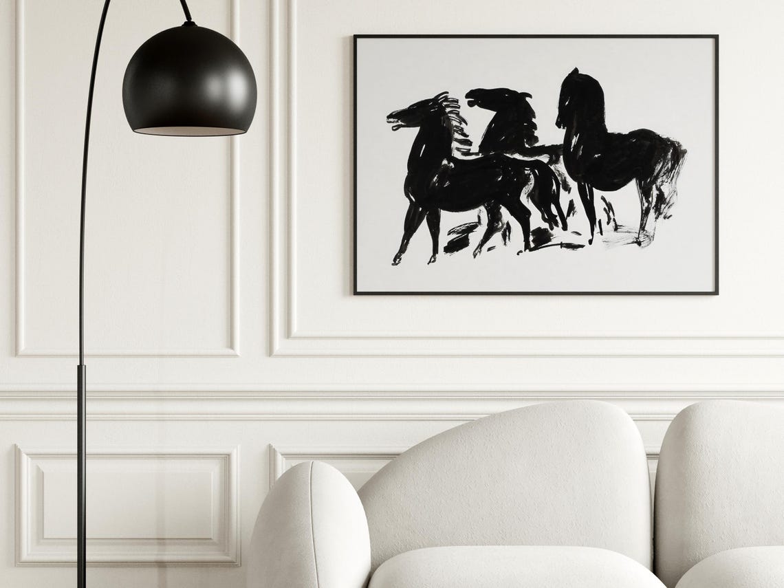 Three Black Horses Ink Sketch Minimalist Equestrian Art Poster - Image 7