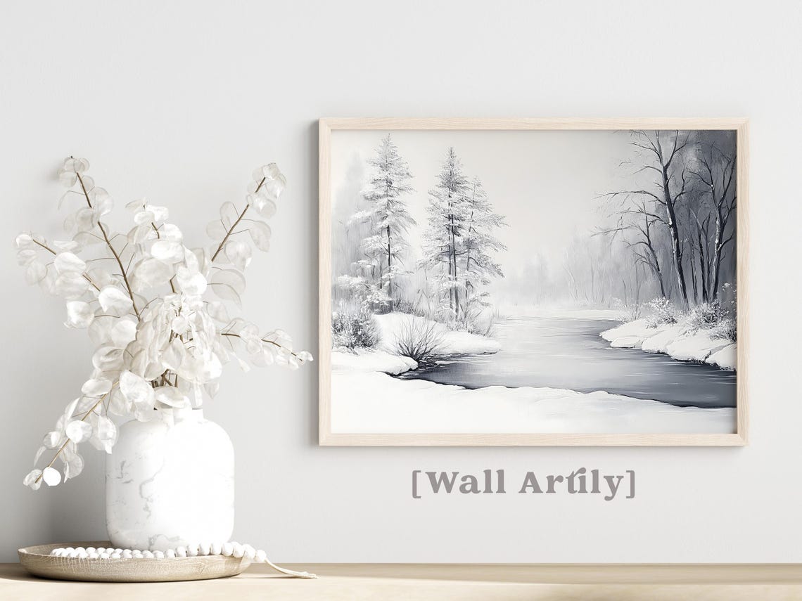 Monochrome Winter River Misty Trees Snowy Landscape Art Poster - Image 7