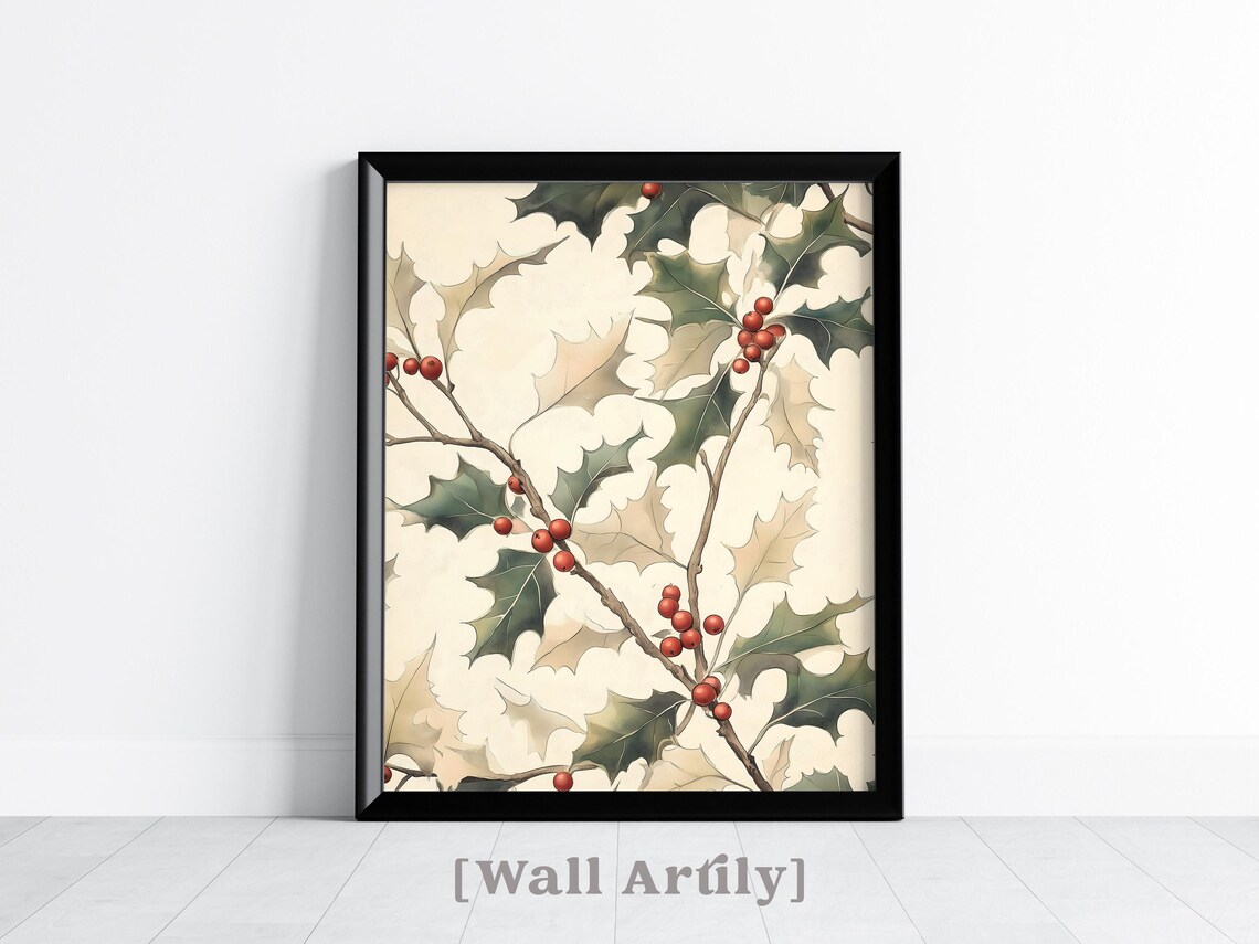 Holly Leaves Red Berries Watercolor Botanical Christmas Art Poster - Image 2
