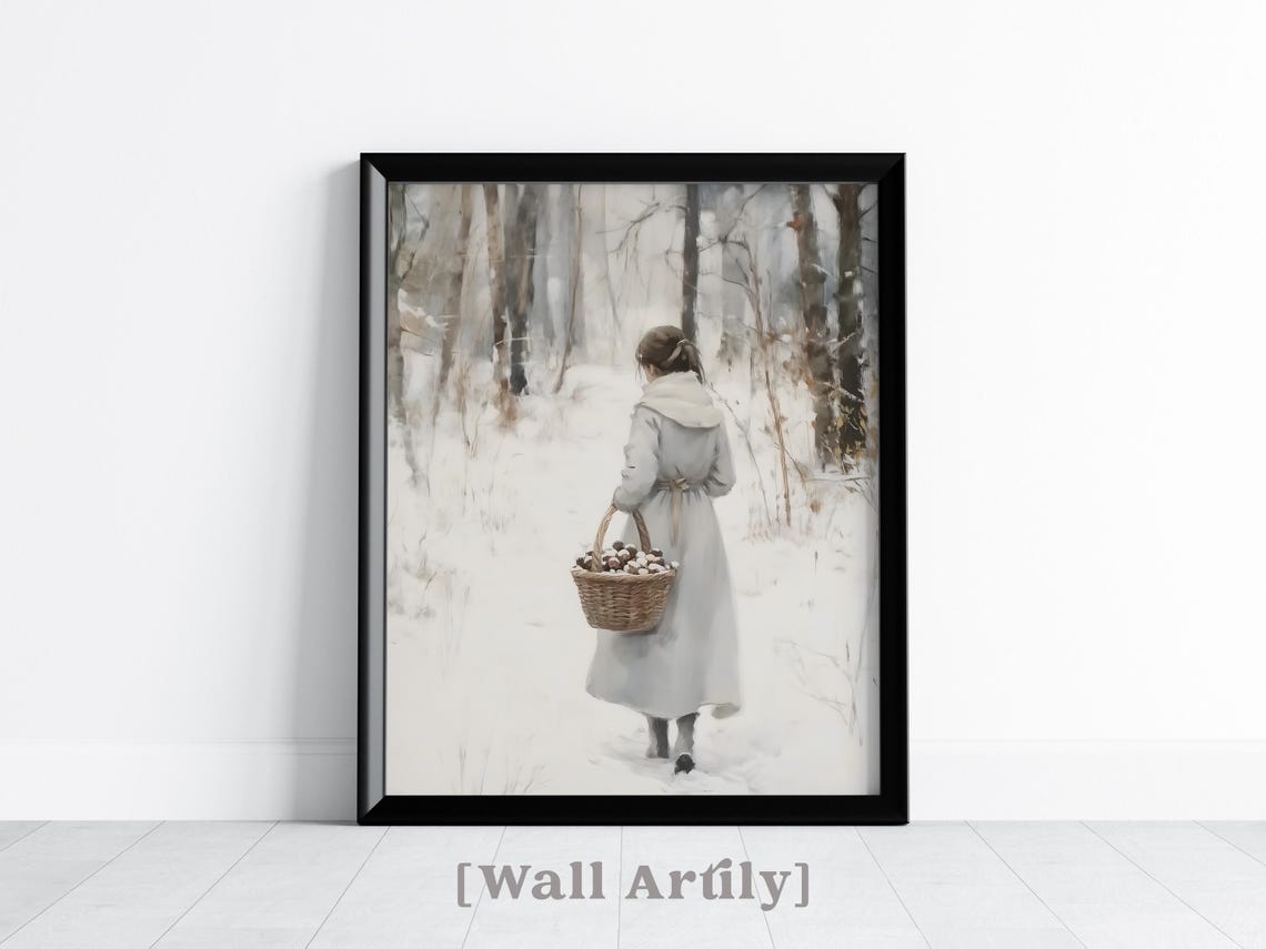 Woman Carrying Basket Of Pinecones Snowy Forest Vintage Art Poster - Image 2